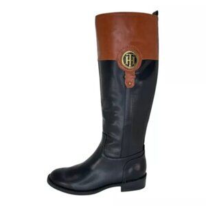 Tommy Hilfiger Ilia4 Women Black/Brown Leather AlmondToe KneeHigh RidingBoot 10M